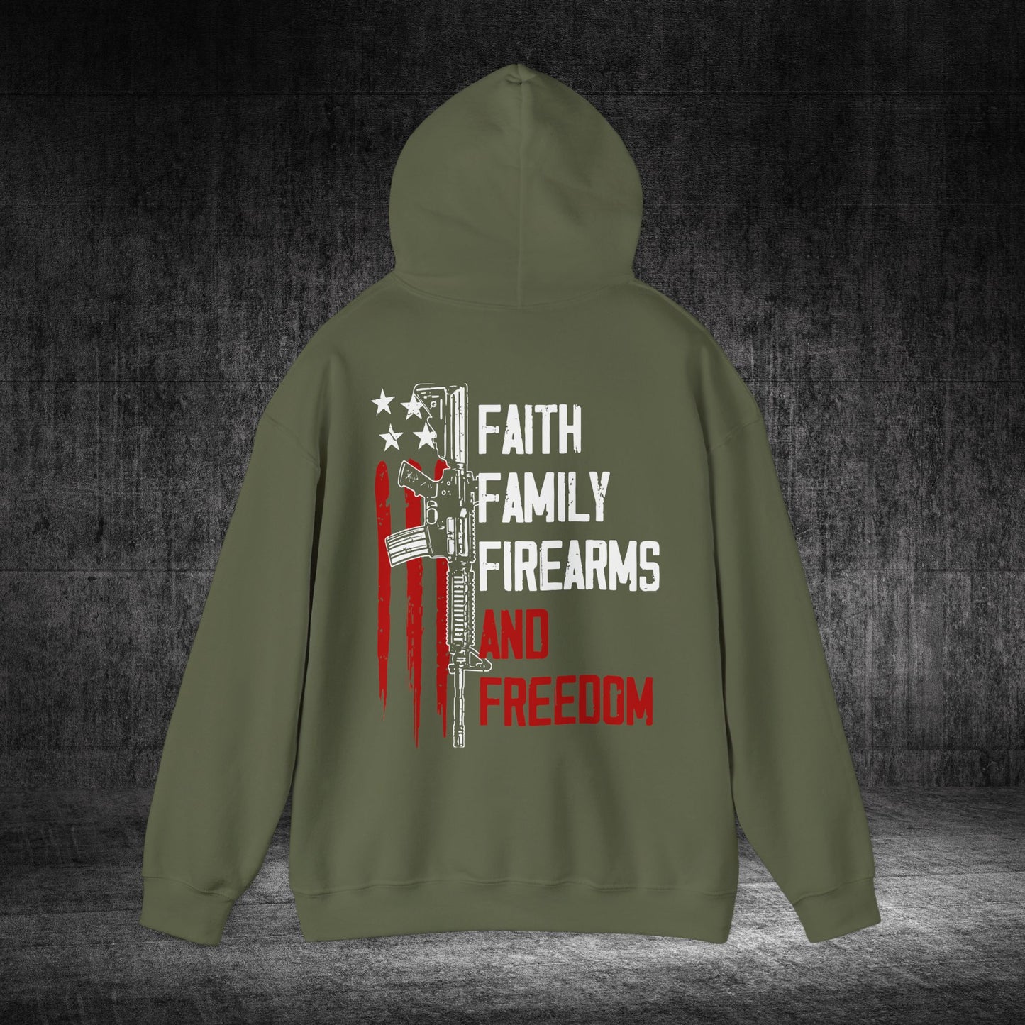 Faith, Family, Firearms, And Freedom Heavy Blend Gildan Hoodie