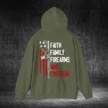 Faith, Family, Firearms, And Freedom Heavy Blend Gildan Hoodie
