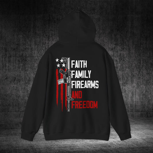 Faith, Family, Firearms, And Freedom Heavy Blend Gildan Hoodie