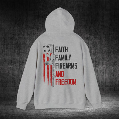 Faith, Family, Firearms, And Freedom Heavy Blend Gildan Hoodie