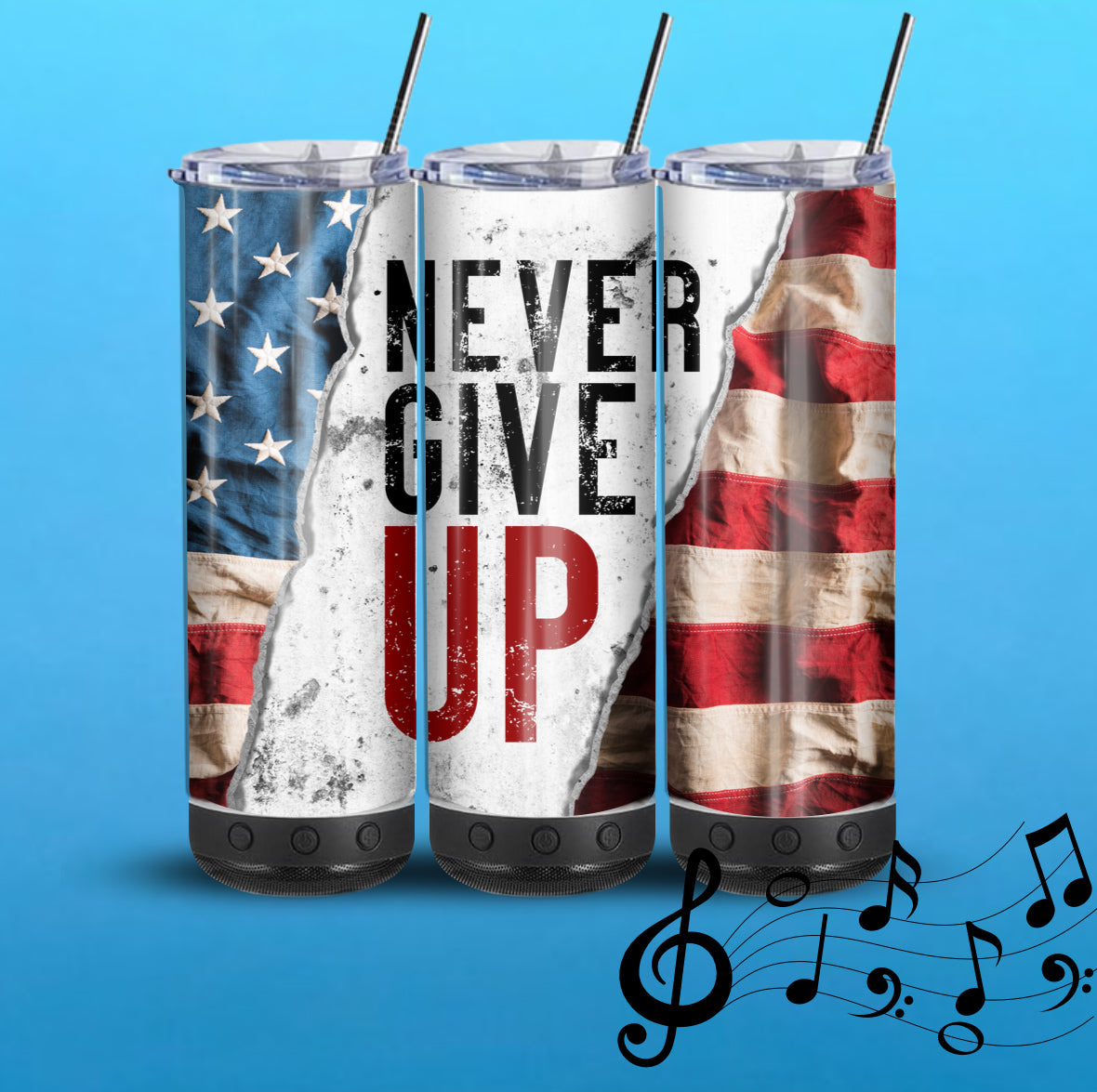 Never Give Up 20-Ounce Skinny Stainless Steel Bluetooth Tumbler