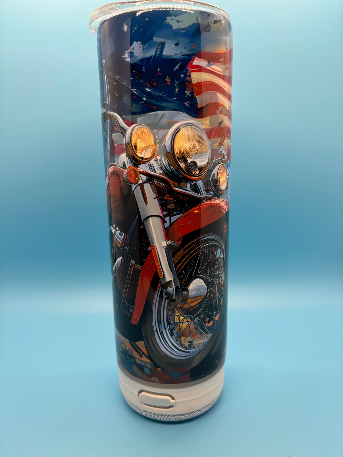Patriotic Motorcycle 20-Ounce Skinny Stainless Steel Bluetooth Tumbler